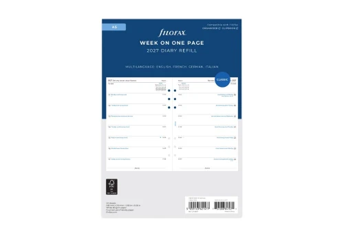 Filofax - Kalendarz 2027 Wkład Tygodniowy Classic A5 Układ poziomy Wielojęzyczny  - tydzień na stronie