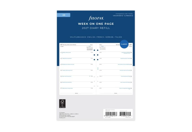 Filofax - Kalendarz 2027 Wkład Tygodniowy Classic A5 Układ poziomy Wielojęzyczny - tydzień na jednej stronie.jpg